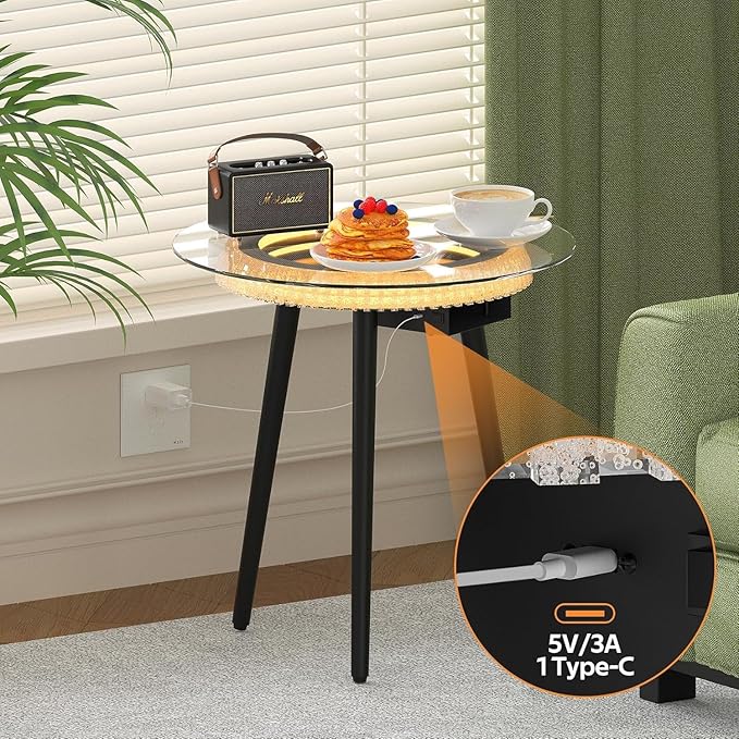 Bigbiglife Small Coffee Table with Led Light, Luxury Round Table with 3D Mirror, Glass Side Table for Appartment Home Living Room