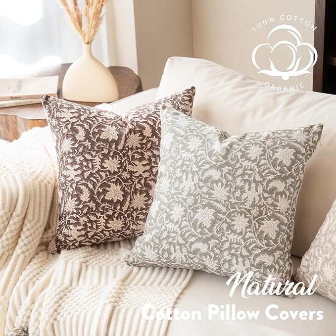 Floral Throw Pillow Covers 18x18 Farmhouse Block Print Pillow Covers Decorative Pillow Covers Couch Pillows for Living Room Vintage Accent Sofa Pillows Set of 2, Taupe Grey