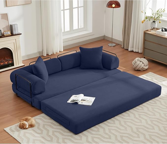 Convertible Sleeper Sofa Bed with Cylindrical Pillow, Corduroy Folding Boneless Couch with Fixed-Shape Frame, Floor Sofa Lounge Couch for Living Room Bedroom Lounge Studio-Blue