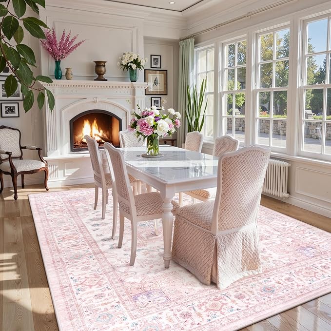 LIVEBOX Pink Washable Area Rug 8x10 - Large Vintage Tribal Living Room Rug Oriental for Bedroom, Non-Slip Retro Medallion Carpet Print Distressed for Dining Room Nursery Dorm Home Decor