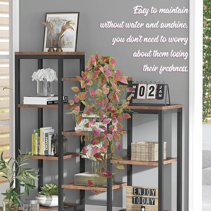 LOYWREE 2 Pack Artificial Purple Ivy Hanging Vine Plants - Small Potted Long Trailing Cascading Foliage, Gothic Home Decor for Indoor/Outdoor, Office, Garden & Shelf (Black Pot Included)