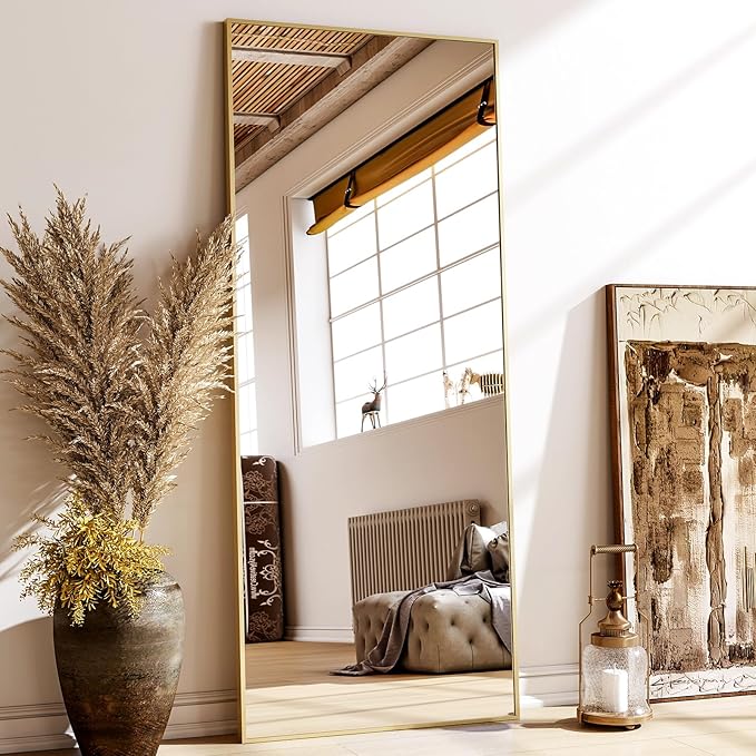 68"x 24" Full Length Mirror with Stand, Large Wall-Mounted or Leaning Floor Mirror with Aluminum Alloy Frame, Rectangular Wall Mirrors for Bedroom, Entryway, and Living Room Decor, Gold