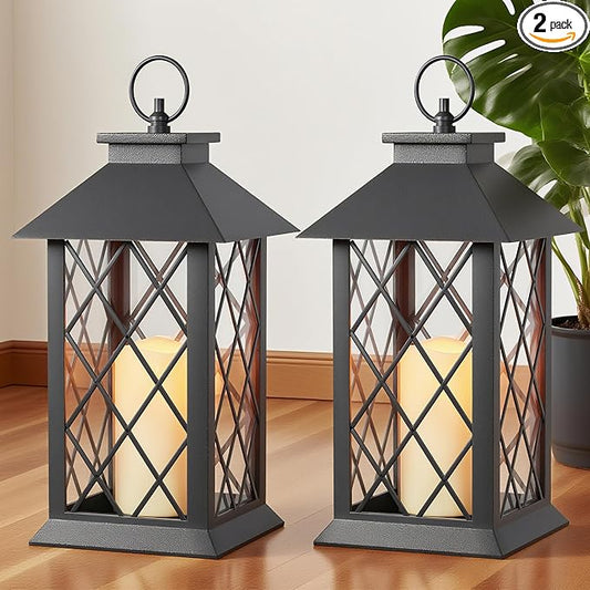 Lanterns Decorative Indoor, 2 Packs 14" Battery-Powered Waterproof Black LED Candle Lanterns with Timer for Patio & Outdoor, Vintage Hanging Lantern for Home & Wedding, Diamond