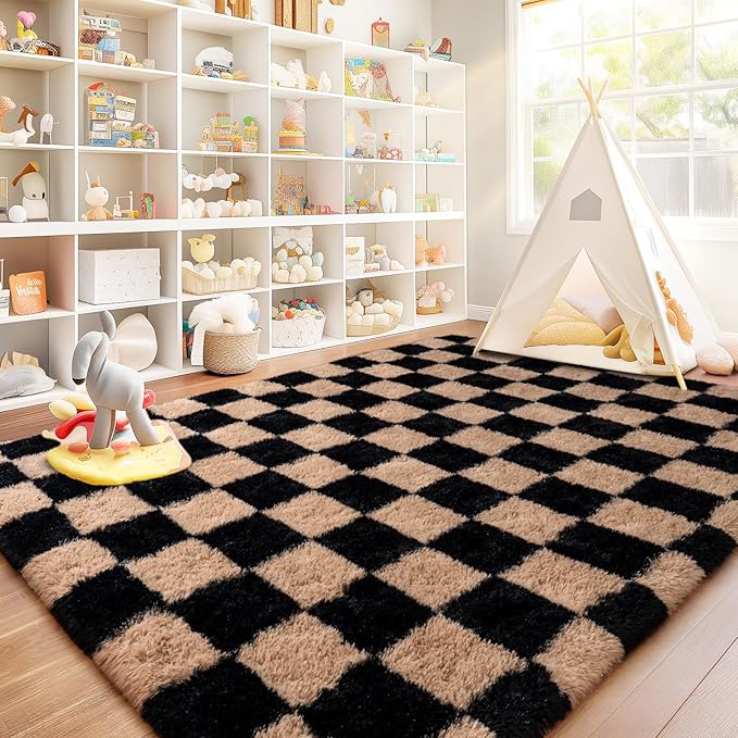 Checkered Rug for Living Room 6x9, Ultra Fluffy Fuzzy Shag Large Area Rug for Bedroom, Modern Plush Soft Upgrade Non-Slip Carpet for Kids Girls and Boys Room Dorm Home Decor, Black and Beige
