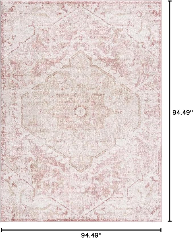 Blush & Light Pink Collection Leonora Bohemian Oriental Medallion Area Rug - Traditional Floral Carpet for Living Room, Bedroom - Blush, Pale Pink, Cream - 7'10" Square Rug
