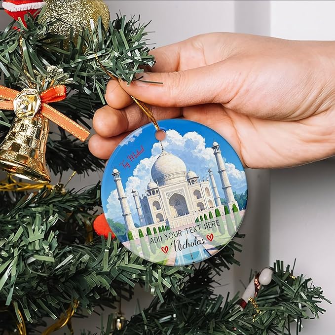 Personalized Text/Name India Taj Mahal Agra Ornament Christmas 2025, India Travel Souvenir Ceramic Ornament Xmas Tree Hanging, Custom Taj Mahal Vacation Trip Xmas Keepsake Ornaments Gift for Friends