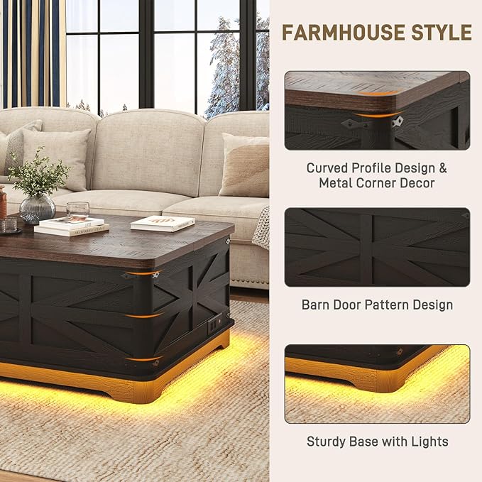 36" Farmhouse LED Lift Top Coffee Table with Storage and Power Outlets, Square Wood Living Room Tables with LED Lights & Large Hidden Space, Lift Wooden Barn Door Center Table, Black