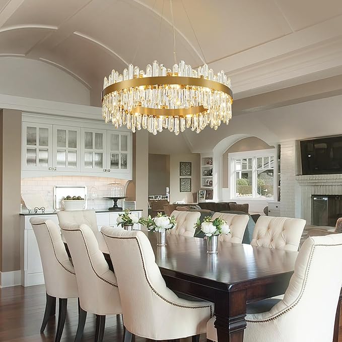 Gold Modern Crystal Chandelier, Round K9 Crystal Chandelier for Dining Room, Adjustable Height Pendant Light Fixture for Living Room Bedroom Kitchen Island D30