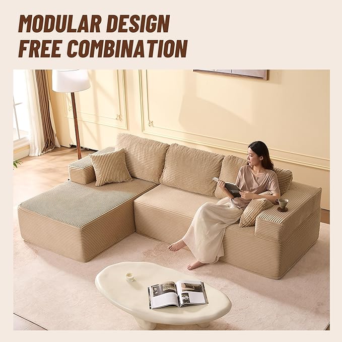 107" Boneless Couch with Deep Seat, Modular Sectional Sofa, Cloud Sectional Couch for Living Room, No Assembly Required, Corduroy, L-Shape Left，Camel