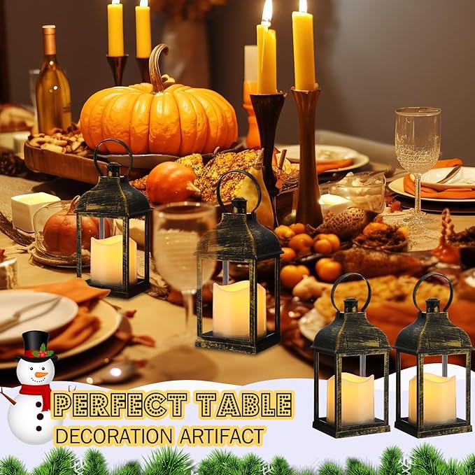 12 Set 10 Inch Bronze Decorative Candle Lanterns Bulk Lanterns Centerpiece with LED Flameless Candle Indoor Outdoor Battery Powered Hanging Lights for Wedding Halloween Thanksgiving Christmas