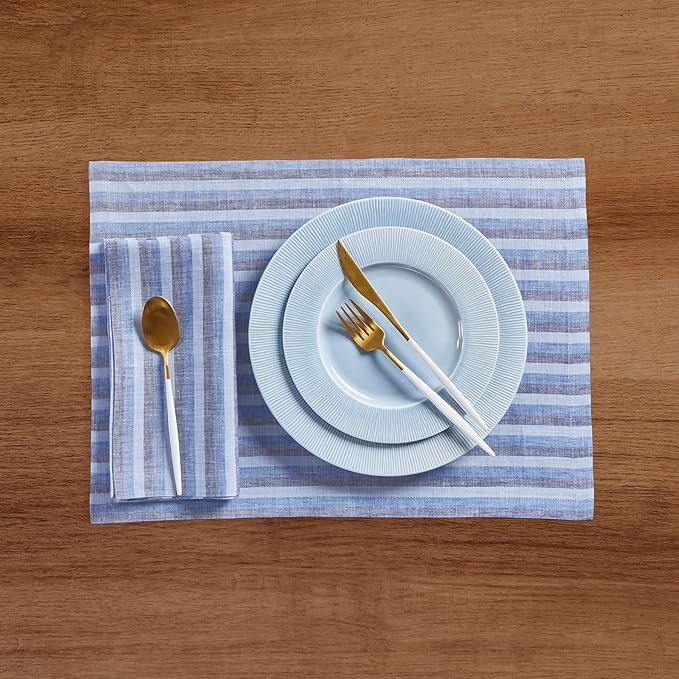 Solino Home Linen Napkins Set of 4-100% Pure Linen Amalfi Stripe Bistro Blue Cloth Dinner Napkins 20 x 20 Inch - Handcrafted and Machine Washable