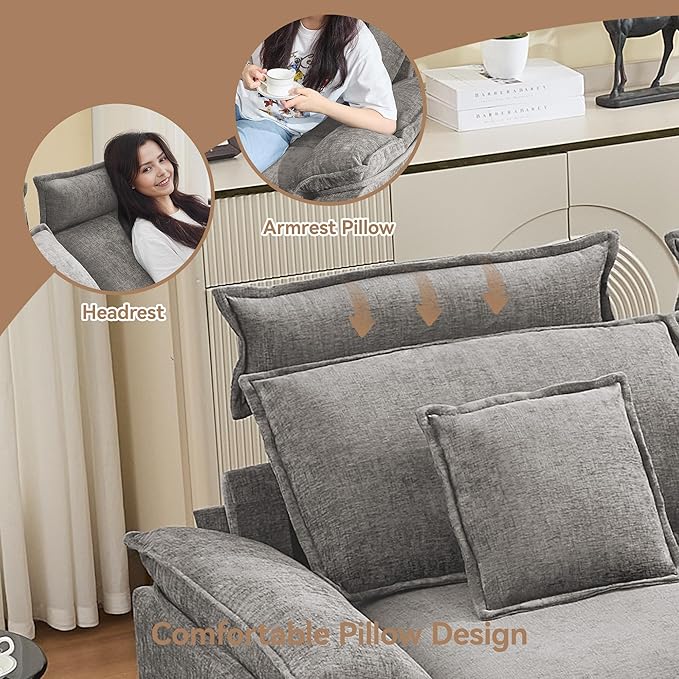 134'' Cloud Modern 4 Seater Couch with Detachable Headrest, Modular Sectional Sofa with 2 Ottoman, Oversized U Shape Chenille Comfy Sofa with Armrests for Living Room, Light Grey