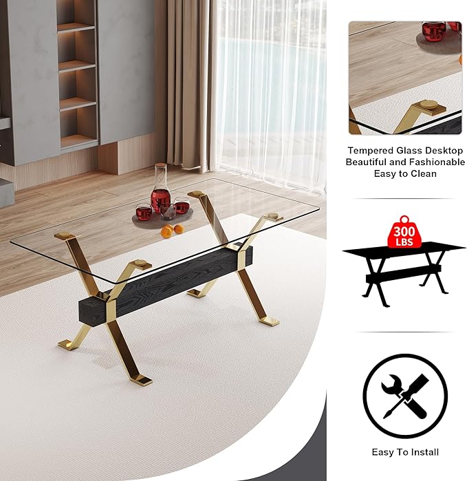 9 Piece Glass Dining Table Set, Kitchen Table Chairs Set for 8, 71'' Dining Table with 0.4" Tempered Glass Tabletop with Plated Metal Legs and MDF Crossbar, 8 PU Chairs for Dining Room, Kitchen.