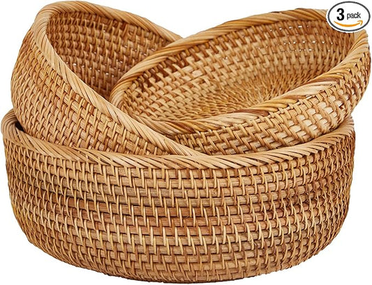 Natural Rattan Round Fruit Basket Bowls, Hand Woven Decor Serving Baskets, Wicker Storage for Dinning Room (Round-Combo)