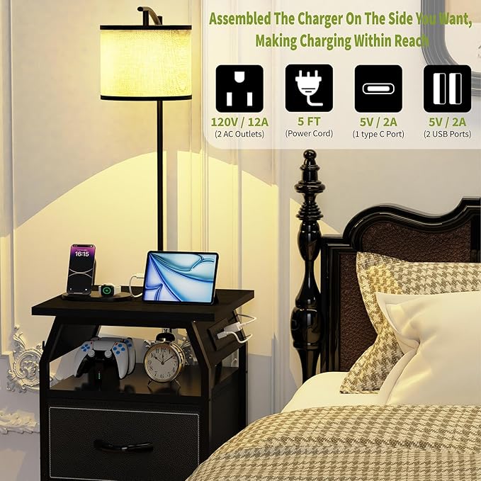 Floor Lamp with Table, End Tables with Lamps Attached 3-Color Temperature Bulb, Side Table with Lamp with 2 Drawers & Charging, Lamps Tables Combo for Bedroom, Dorm, Apartment - Black