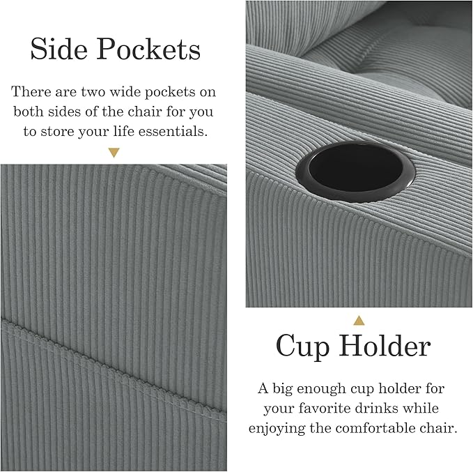 UIXE 3-in-1 Sleeper Chair Pull Out Sofa Bed, Convertible Reclining Seat Upholstered Armchair, Adjustable Backrest Recliner Chair with Side Pockets, Cup Holder & USB Ports - Gray