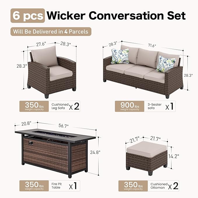 Patio Furniture Set Outdoor Furniture Brown Wicker Rattan Patio Conversation Sets with Cushion Outside Sofa Set,6 Pieces with Rectangular Firepit Table,7 Seats,Beige
