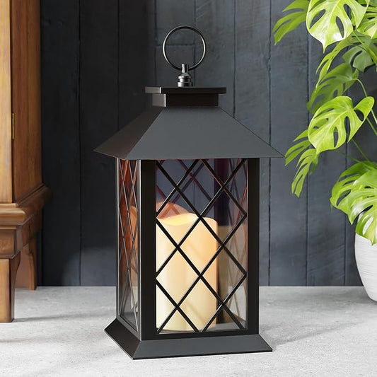 13.4" Lanterns Decorative Indoor, Black Lantern Decor with Timer Flickering Candle, Diamond-shaped Outdoor Lanterns, Waterproof Hanging Lantern for Patio, Porch, Entryway, Centerpieces, 1 Pack