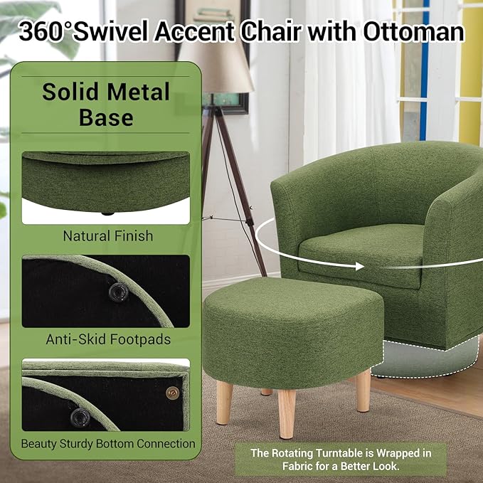 DAZONE Green Swivel Accent Chair with Ottoman, Comfy Barrel Armchair for Small Spaces, 360° Modern Fabric Lounge Chair for Living Room, Bedroom, Reading Nook, Home Office