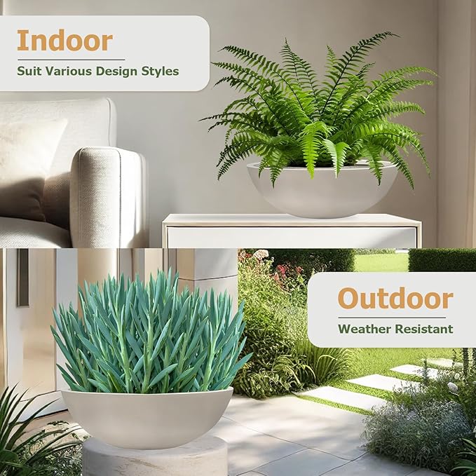 6.9" H x 19.7" D Round Bowl Fiberstone Planter for Succulent and Lotus, Drainage Hole, Weather Resistant for Indoor and Outdoor Use, Included 2 Extra Coco Mats (Taupe, 17.9" Pot Opening)