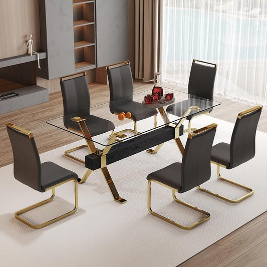 7 Piece Glass Dining Table Set, Kitchen Table Chairs Set for 6, 71'' Dining Table with 0.4" Tempered Glass Tabletop with Plated Metal Legs and MDF Crossbar, 6 PU Chairs for Dining Room, Kitchen.
