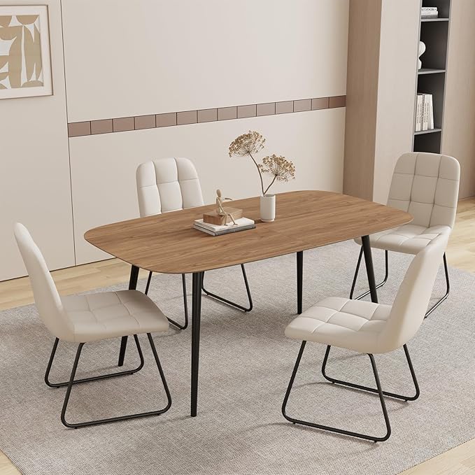 55.1'' Dining Table Set for 4,Modern Wood Dining Table,Leather Dining Chairs 4,Table and Chairs Set of 4,Ideal for Kitchen Dining Room (Walnut Color Table + 4 U-Shaped White Chairs, 55.1")