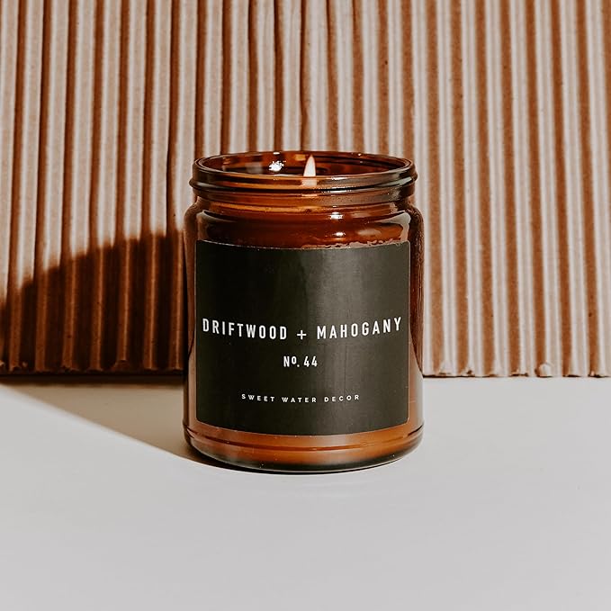 Sweet Water Decor Driftwood and Mahogany Candle - Mahogany, Lavender, Wood, and Geramium Scented Candle for Home - 9oz Amber Jar, 40 Hour Burn Time, Made in The USA