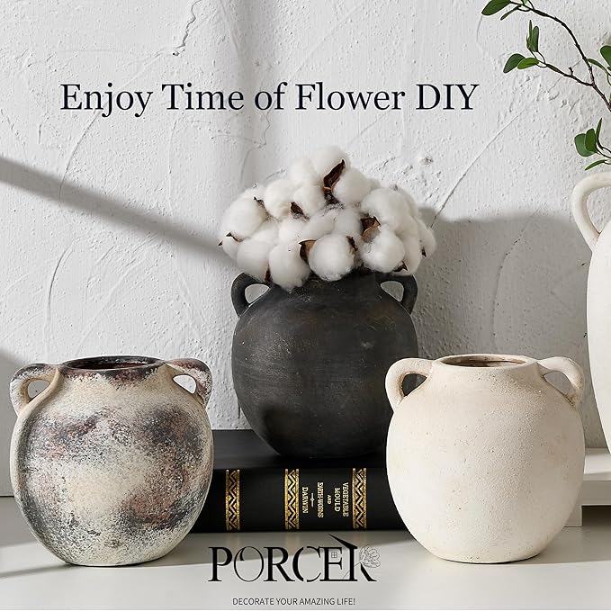 Ceramic Rustic Vase for Home Decor, 5.8 Inch Terracotta with Handles, Vintage Decorative for Flowers, Plants, Living Room, Table, Thanksgiving - Black Bronze