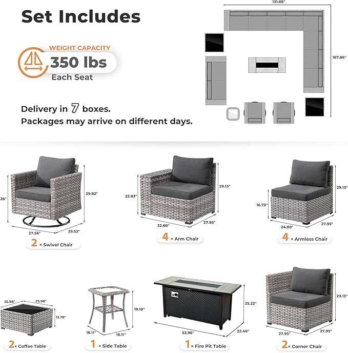 ovios 16 Pieces Patio Furniture Set, Outdoor Wicker Sectional Sofa with 54" Fire Pit Table Swivel Chairs, Modern Modular Deep Seat Rattan Couch Conversation Sets, Black