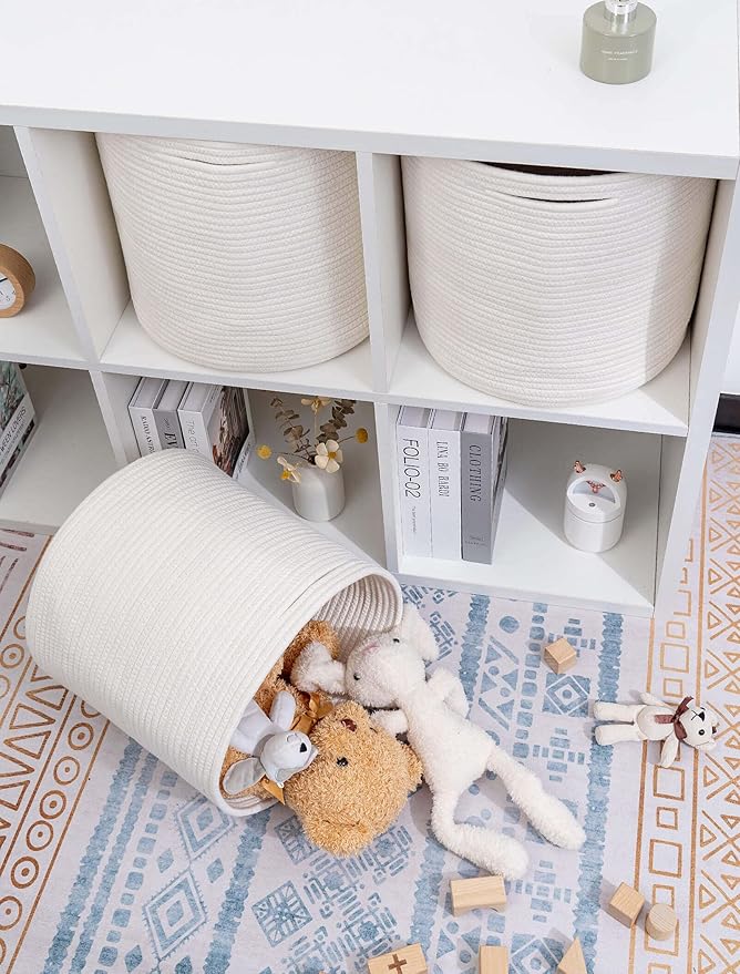voten Storage Cubes Bins Organizer 11x11x11'' Fit 12x12''Cube Storage Bookcases Shelves,Durable Woven Cotton Basket for Organizing,Round 3Pack Off White