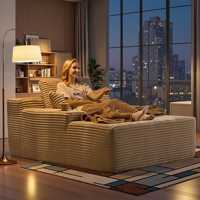 Chaise Lounge Chair Indoor, 67" Oversized Comfy Plush Fur Sleeper Sofa Bed with Cup Holders and Wide Armrests, Boneless Upholstered Recliner Bed, Modern Cloud Couch for Living Room, Beige