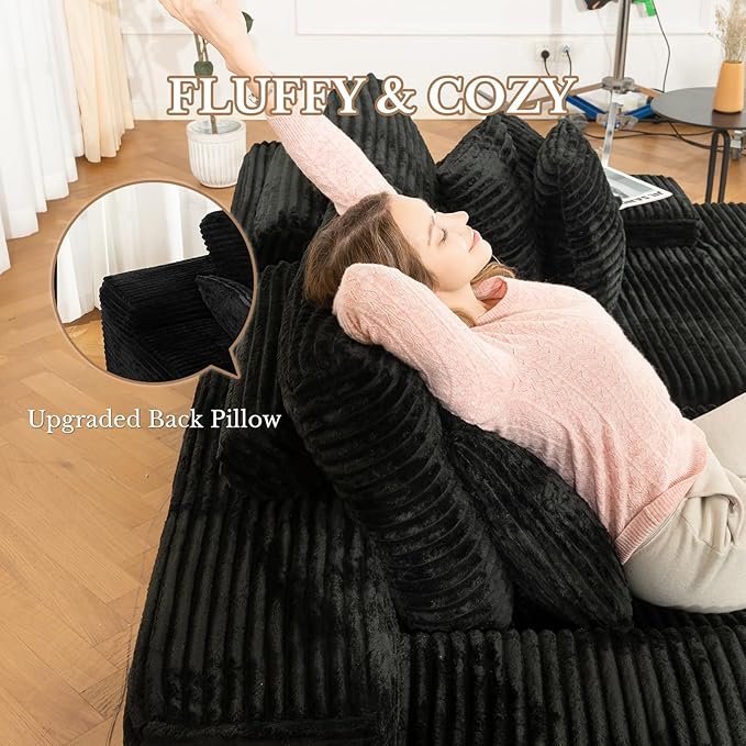 Chaise Lounge Chair, Couches for Living Room, Oversized Upholstered Loveseat Sleeper Indoor, Cloud Sofa Bed Indoor Deep Seat, No Assembly Required Corduroy 2PCS Black