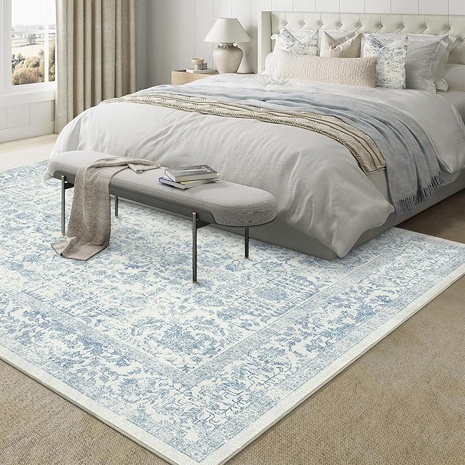 Blue Area Rug 5x8 Machine Washable Vintage Living Room Distressed Non Slip Carpet Traditional Indoor Bedroom Retro Floral Accent Throw Large Rug Office Kitchen Bathroom Dining Room
