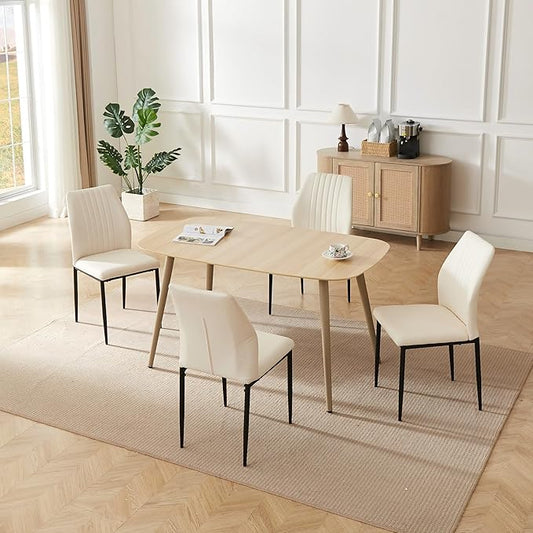 55.1" Modern Dining Table Set for 4, Scratch-Resistant Wood Table with 4 Black Leather Chairs, Stylish & Durable Dining Room Furniture, Space-Saving Kitchen Table Set for Family & Apartment