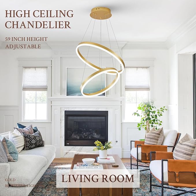 Modern LED Chandelier Gold 2-Rings Pendant Light Circular Flush Mount Ceiling Chandelier Lighting with Remote Control for Bedroom Living Room Dining Room Entrance, 3000K-6500K