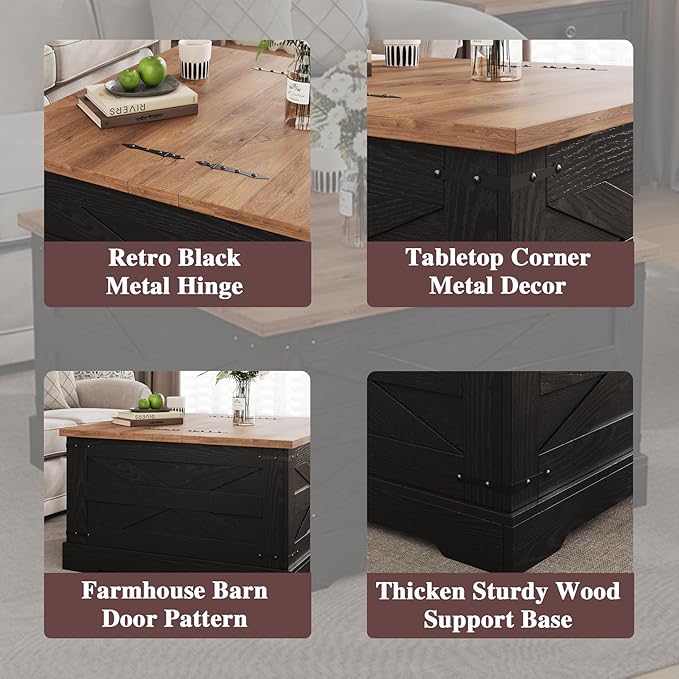 Farmhouse Coffee Table with Hidden Storage, Black Square Coffee Table for Living Room, Wood Large Center Table with Hinged Lift Top for Home, Office