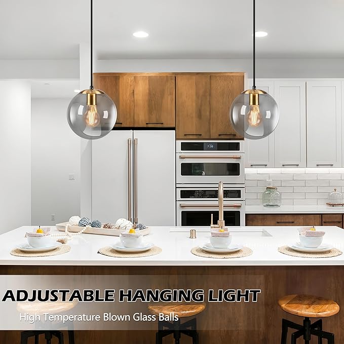 KoKo&Yukina 8 Inch Gold Pendant Light Globe Pendant Lights Kitchen Island Mid Century Light Fixture with Grey Glass Shade Adjustable Globe Cluster Lights for Dining Room Living Room