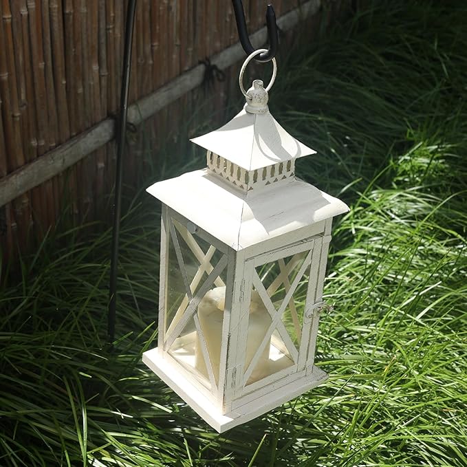 DECORKEY Lantern Decorative Indoor & Outdoor,Large Square Hanging Spring Home Decor, Vintage Metal Decorative Candle Lanterns for Outdoor Patio Wedding Party Beige with Copper Brush