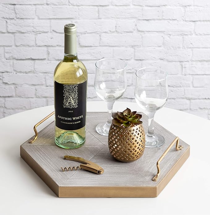 Kate and Laurel Sade Decorative Hexagon Tray with Handles, 16", Concrete Gray and Gold, Modern Tray for Ottoman, Centerpieces, Or Bathroom and Bedroom Decor