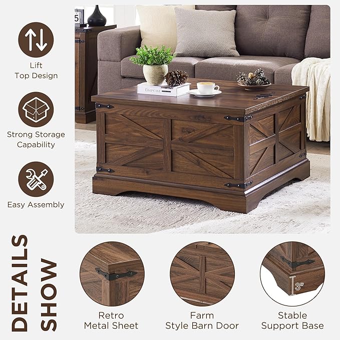 JXQTLINGMU Farmhouse Lift Top Coffee Table with Storage, 36" Wood Square Center Table with Large Hidden Compartment, Rustic Lift Tabletop Dining Table for Home Living Room, Brown
