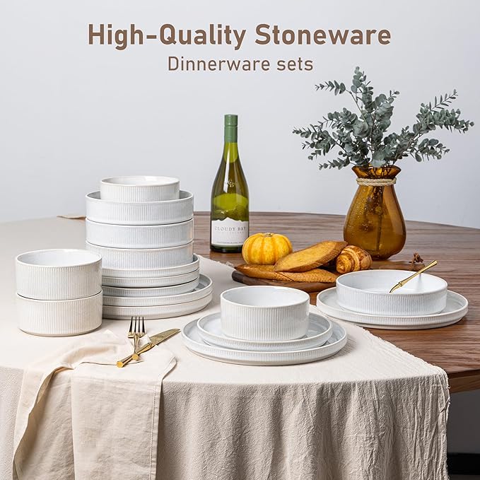 GBHOME Stoneware Dinnerware Sets for 8,Round Reactive Glaze Ceramic Plates and Bowls Set,Highly Scratch Resistant| Dishwasher & Microwave Safe Dishes Set,Service for 8(24Pcs)