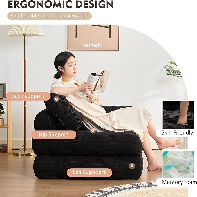 Plus Futon Sofa Bed for Small Spaces, Floor Couch with Armrest, Folding Sofa Couch, Convertible Sleeper Chair Bed with Pillow, Portable Comfy Floor Lounge for Living Room and Bedroom, Black