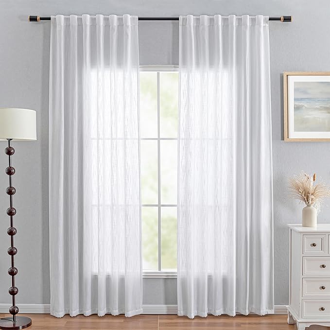 MYSKY HOME White Curtains for Living Room, Semi Sheer Curtains & Drapes Light Filtering Farmhouse Country Boho Style Back Tab Draperies for Sliding Glass Door (Customsize, Pure White)