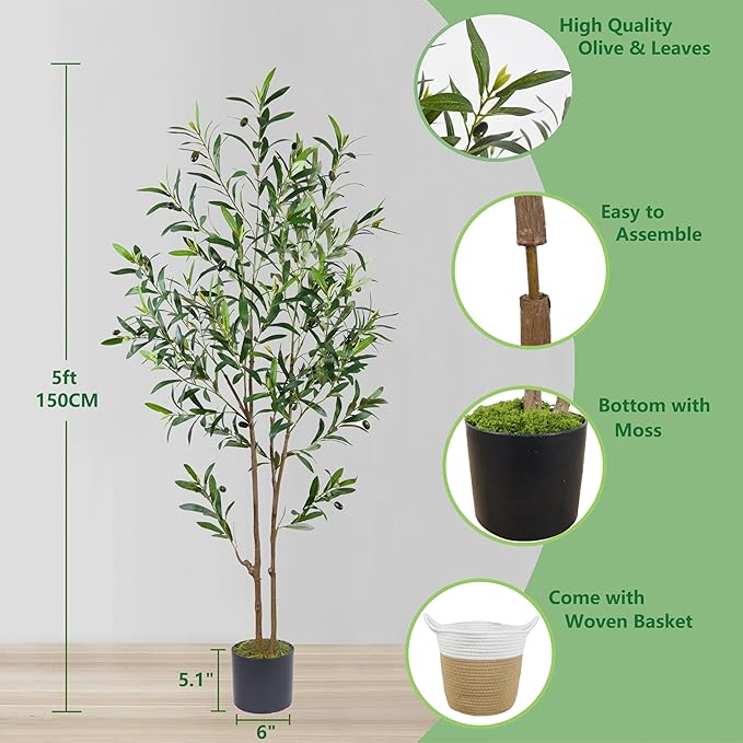 5ft (60”) Artificial Olive Tree, Tall Fake Olive Plant, Faux Olive Silk Tree for Mordern Indoor Home Livingroom Office Floor Corner Décor