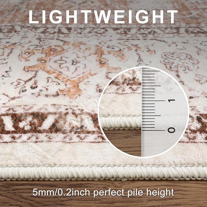 LIVEBOX 8x10 Area Rug for Living Room, Washable Orange Boho Rug, Soft Non-Slip, Low-Pile Vintage Medallion, Retro Faux Wool for Dining Room, Bedroom, Office