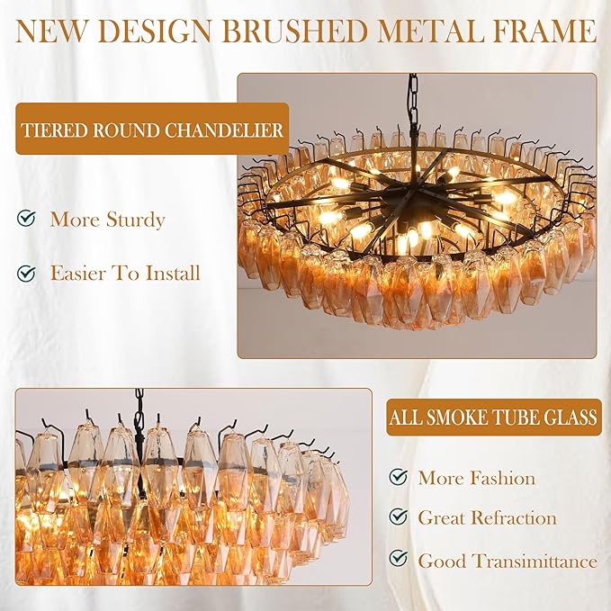Modern Round Chandelier, 37" Extra Large Black Chandeliers for Dining Room, 14-Light with Tiered Smoke Glass Tubes Ceiling Light, Pendant Lighting Fixture for Living Room Bedroom Kitchen Island