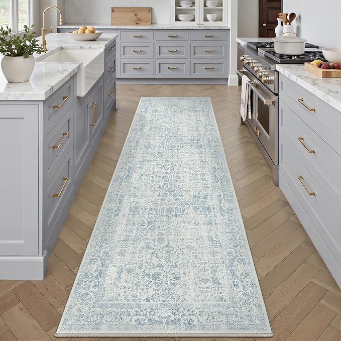 Blue Runner Rug 2x8 Hallway Machine Washable Kitchen Vintage Distressed Non Slip Long Carpet Indoor Retro Floral Bedroom Accent Throw Rug for Bathroom Office Laundry Dining Room