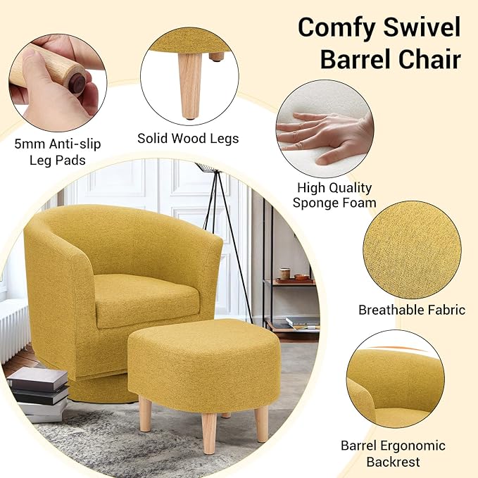 DAZONE Swivel Accent Chair with Ottoman, Modern 360° Barrel Chairs for Living Room, Bedroom, Comfortable Upholstered Club Tub Reading Chair, Yellow