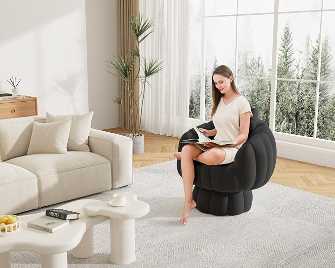 Mid Century Modern 360 Degree Barrel Swivel Accent Sofa Chair,Fluffy Velvet Fabric Lounge Wide Upholstered Pumpkin Reading Chair, Round Cloud Armchair for Living Room,Bedroom,Vanity(Black)