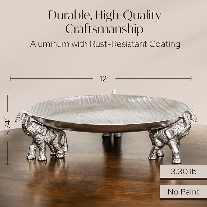 Round Decorative Tray with Elephant Stands, Silvery – Tray for Coffee Table, Home Decor, Centerpiece, Serving Platter & More – Circular Tray with Symbolic Elephants